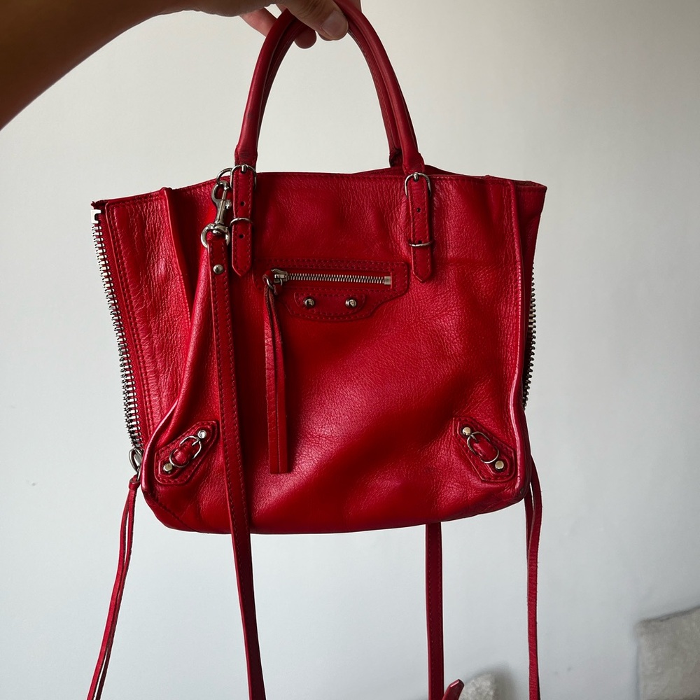small red Balenciaga crossbody bag